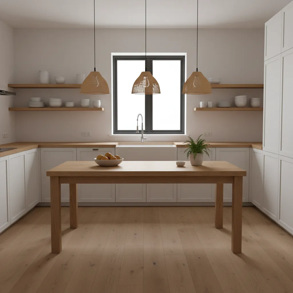 Kitchen with movable wooden middle table used as prep and dining surface