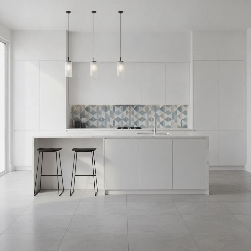 kitchen with neutral floor tiles and patterned backsplash