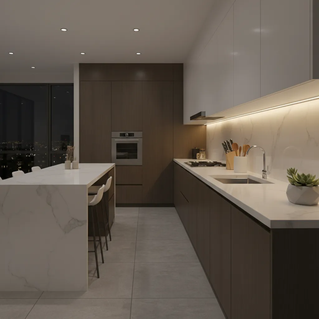 clean kitchen countertop at night with organized surfaces to prevent cockroaches