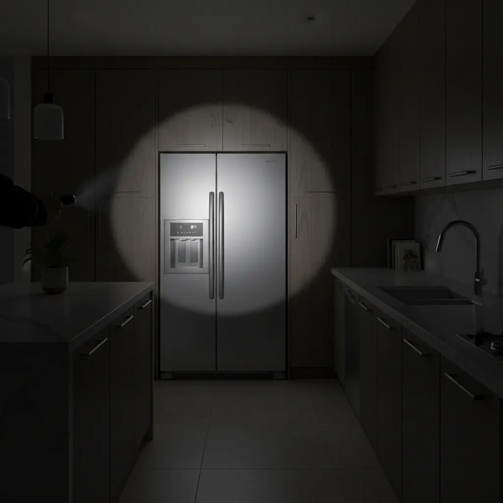 Kitchen inspection scene at night checking cabinets and appliances for small cockroaches