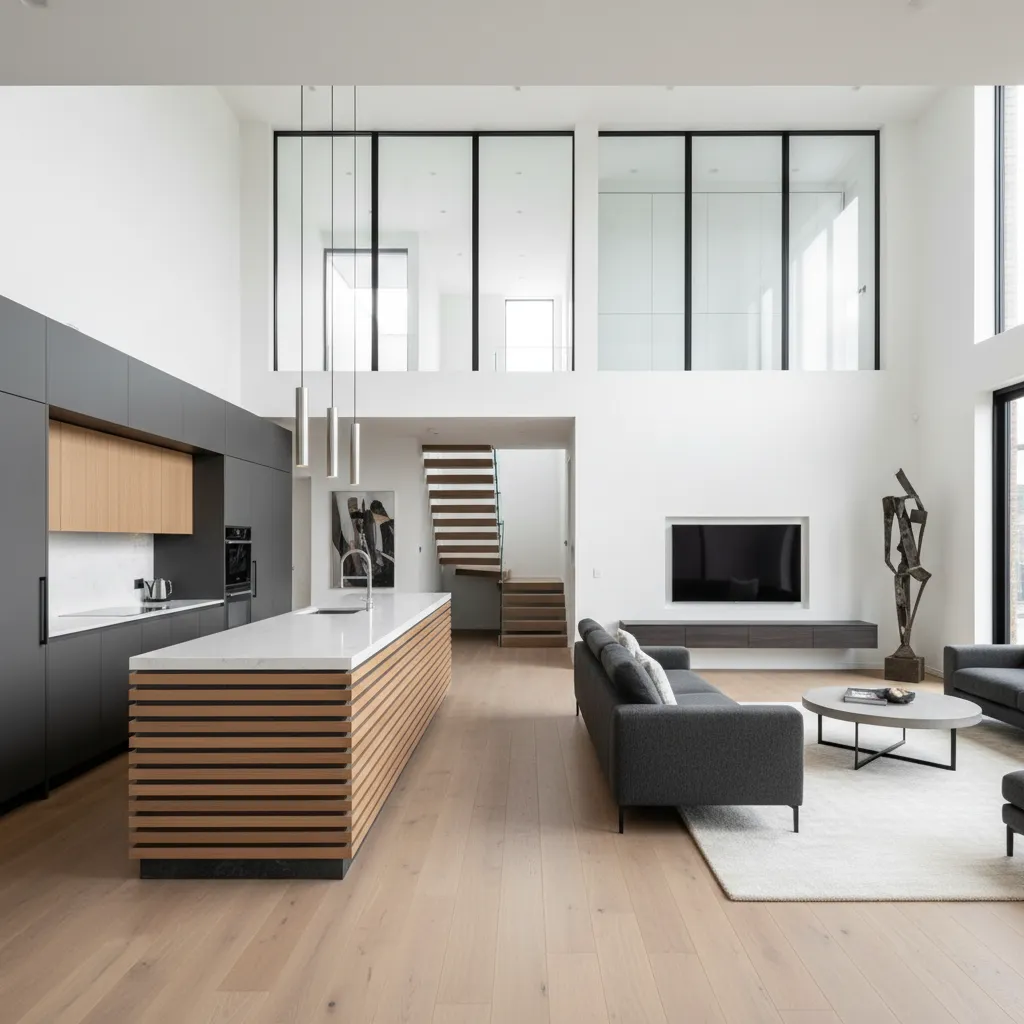 Cocina abierta conectada con sala en casa de dos pisos