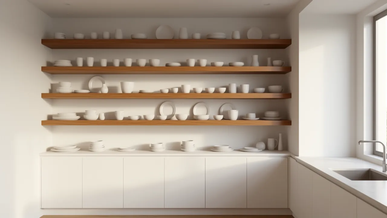 Kitchen cabinet elevation with mix of closed cabinets and open shelves