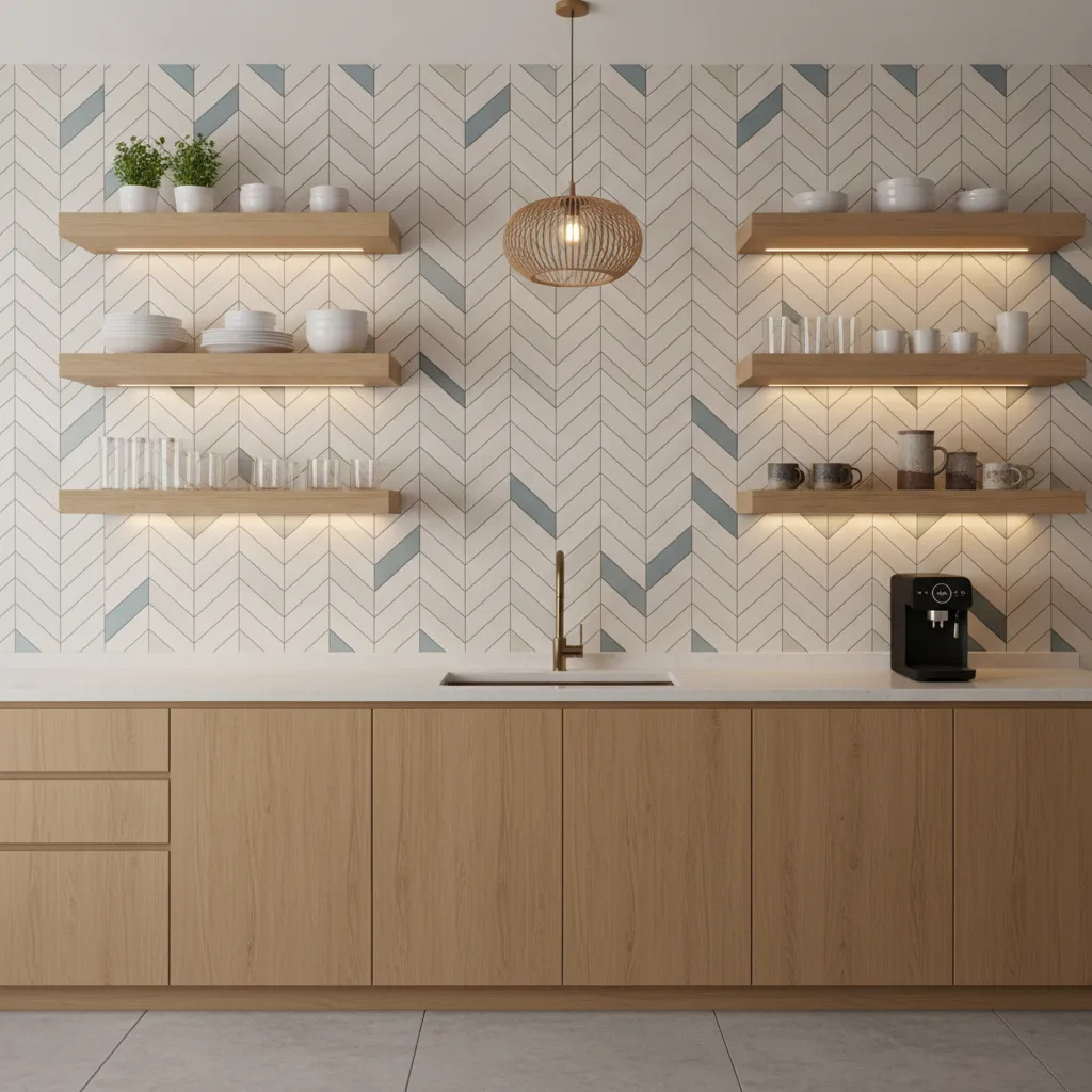 kitchen wall with wood floating shelves and tile backsplash