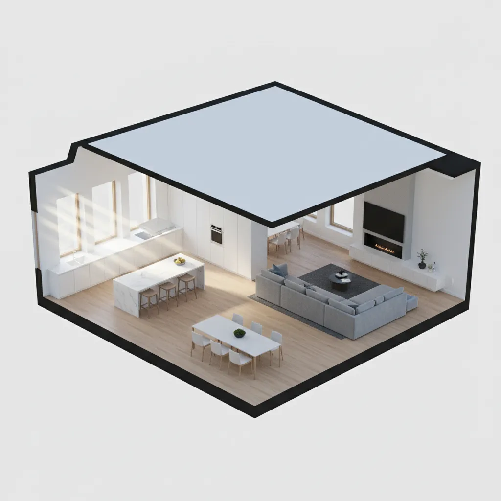 Interior design drawing showing open room layout with kitchen island dining area and grey sofa