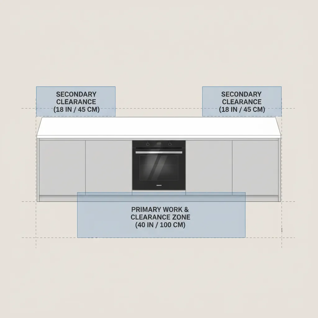 Diagram showing recommended spacing around a kitchen oven