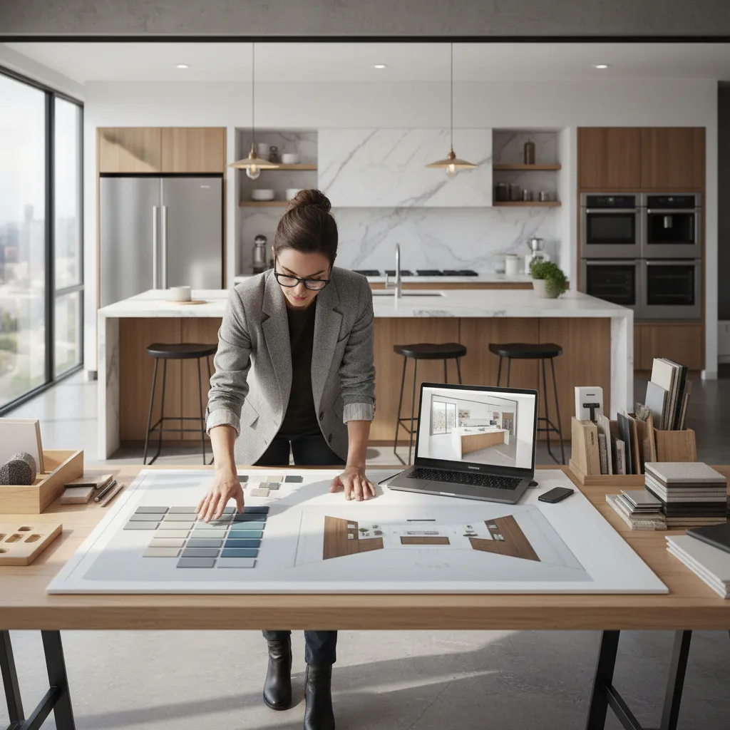 Designer reviewing kitchen paint colors with layout and lighting plan