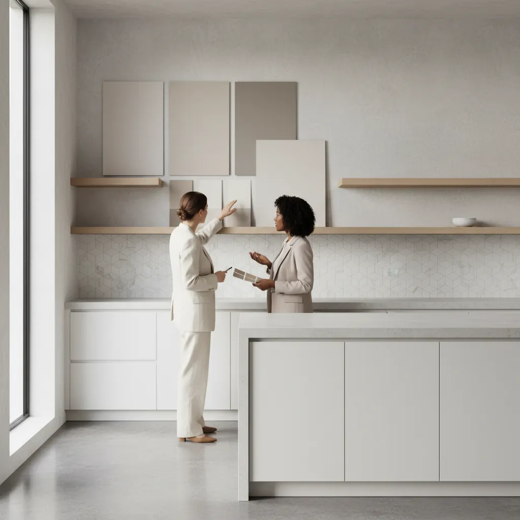 designer reviewing neutral kitchen paint colors on wall samples