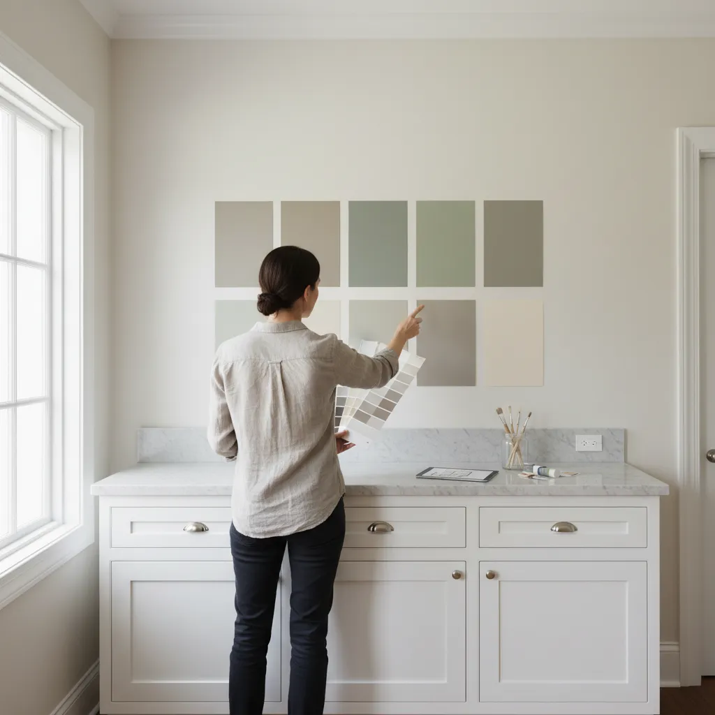 kitchen wall paint samples next to white cabinets