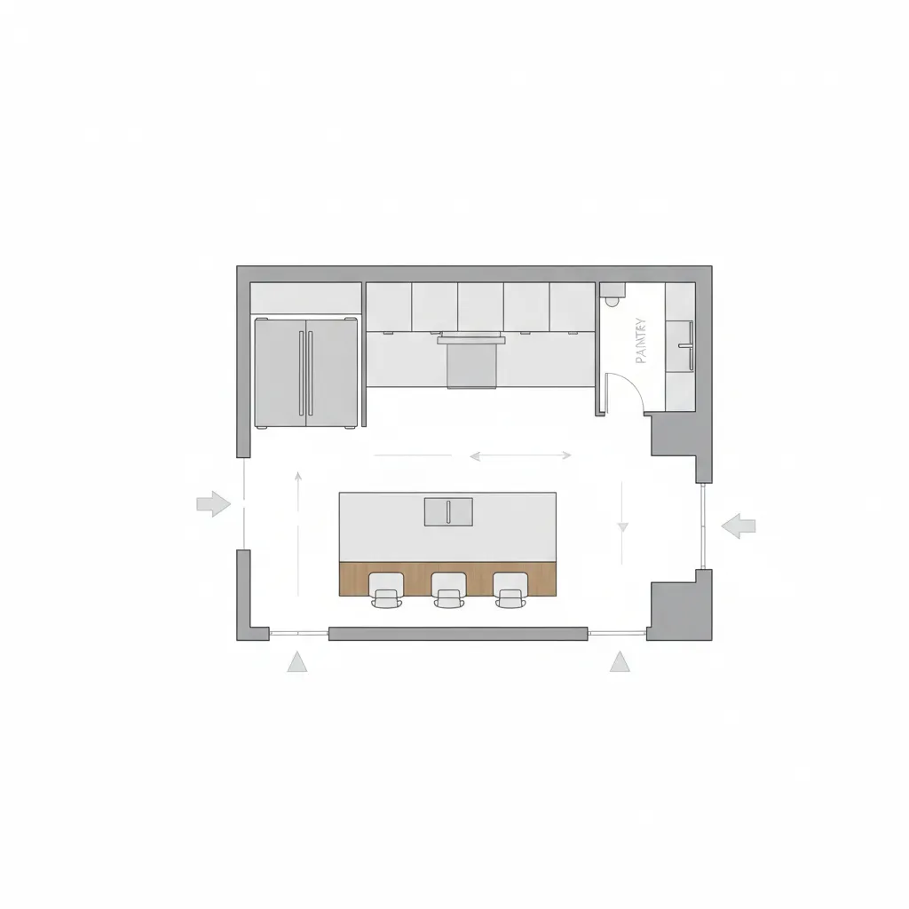 Kitchen layout showing island refrigerator and walk in pantry placement