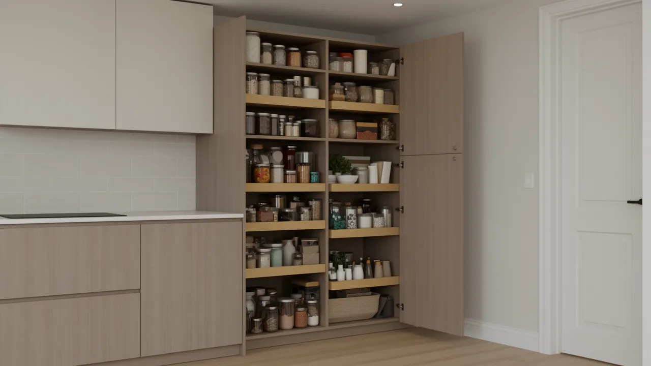 Tall pantry cabinet with pull out storage drawers in modern kitchen