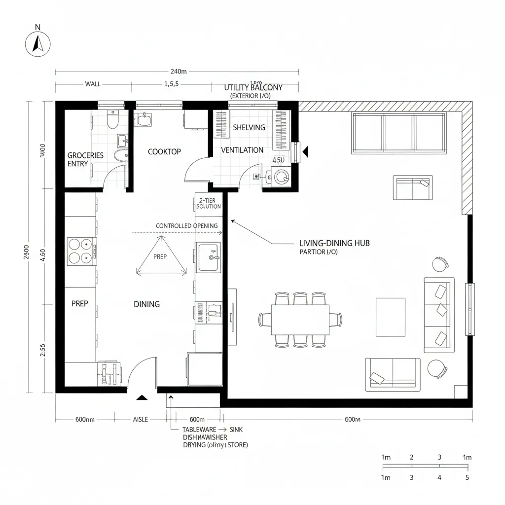 2D CAD kitchen plan parallel to the living area with utility balcony and pass-through to dining.