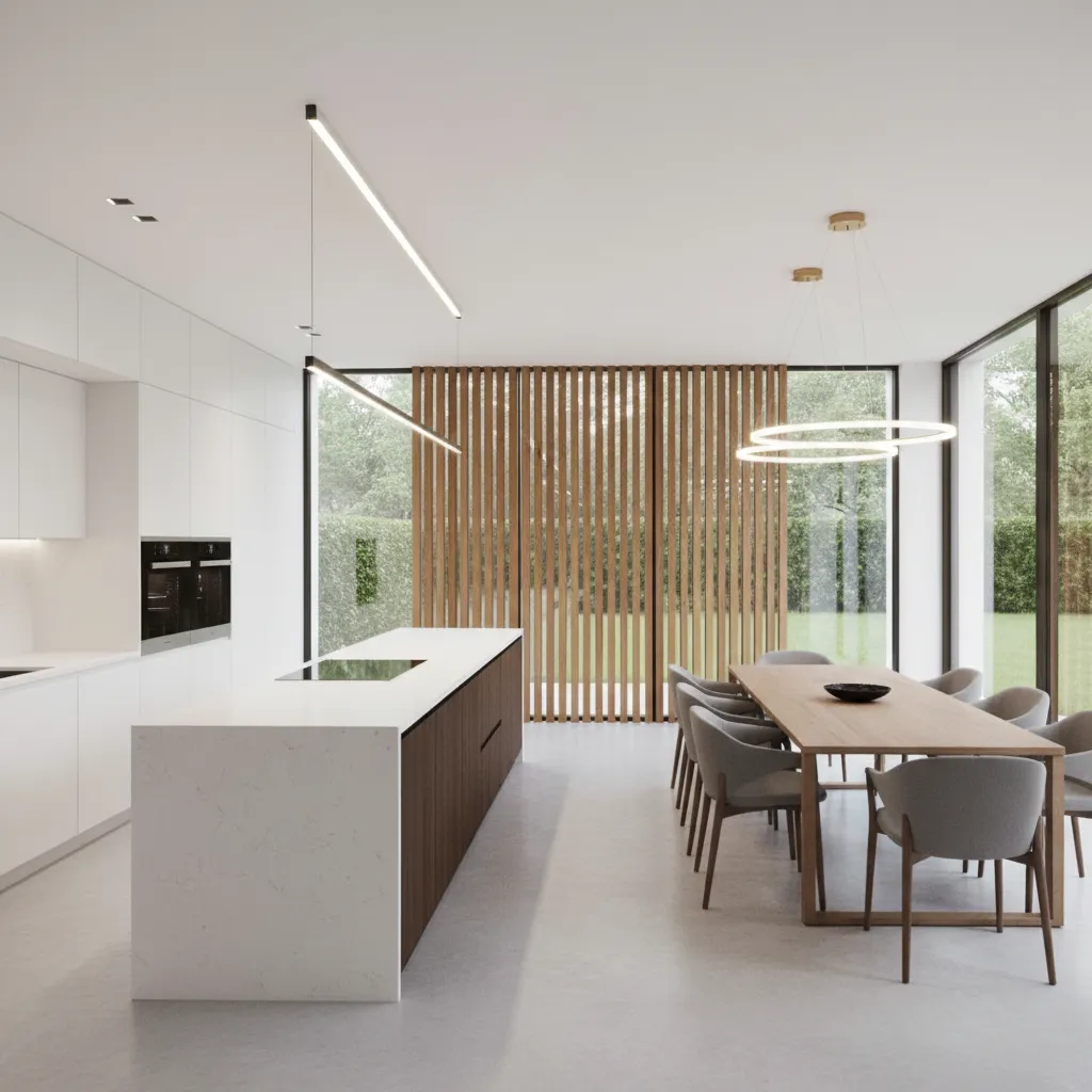 kitchen and dining layout showing clear walking path around partition