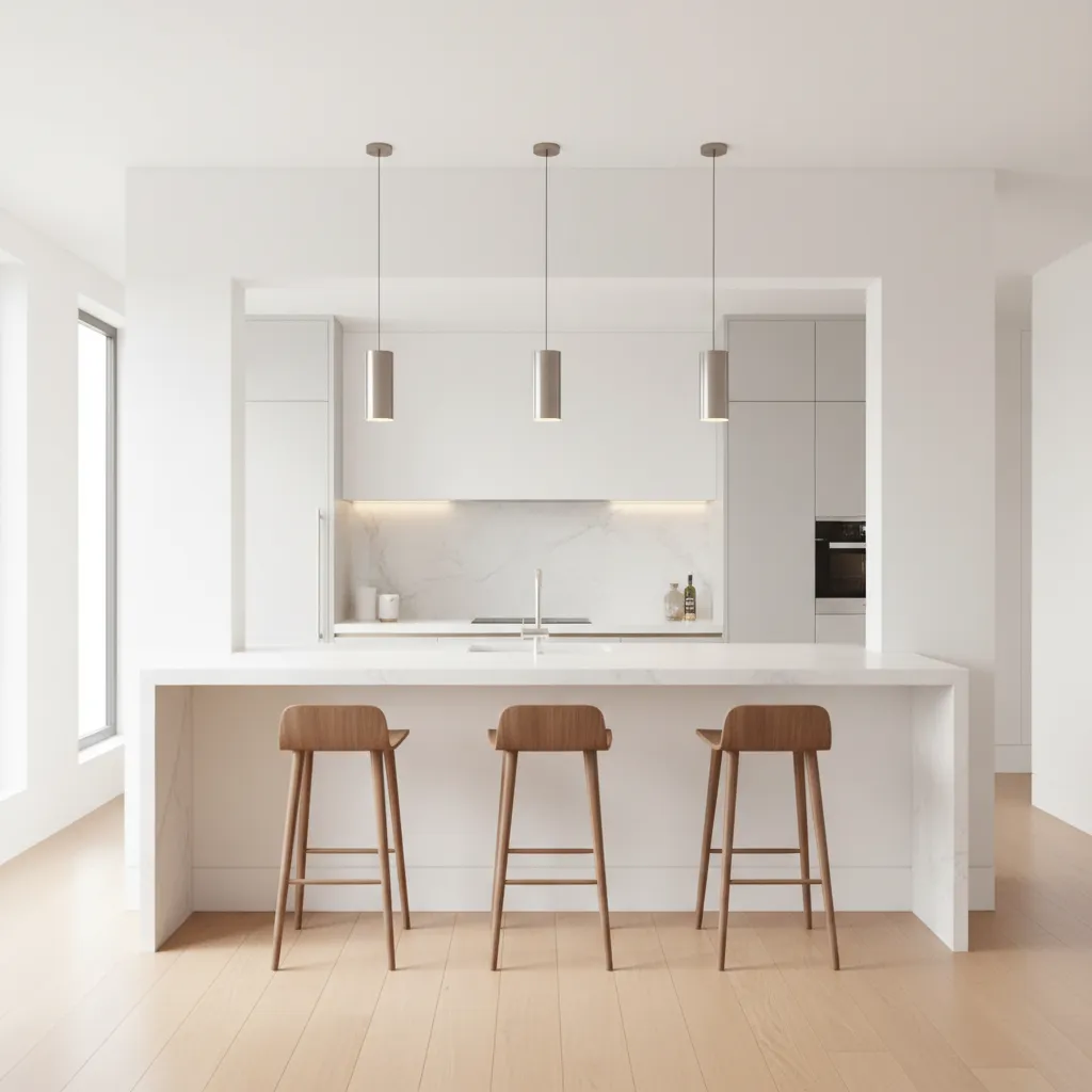 Modern white kitchen with marble breakfast bar, three wooden stools, silver ceiling lights, minimalist design
