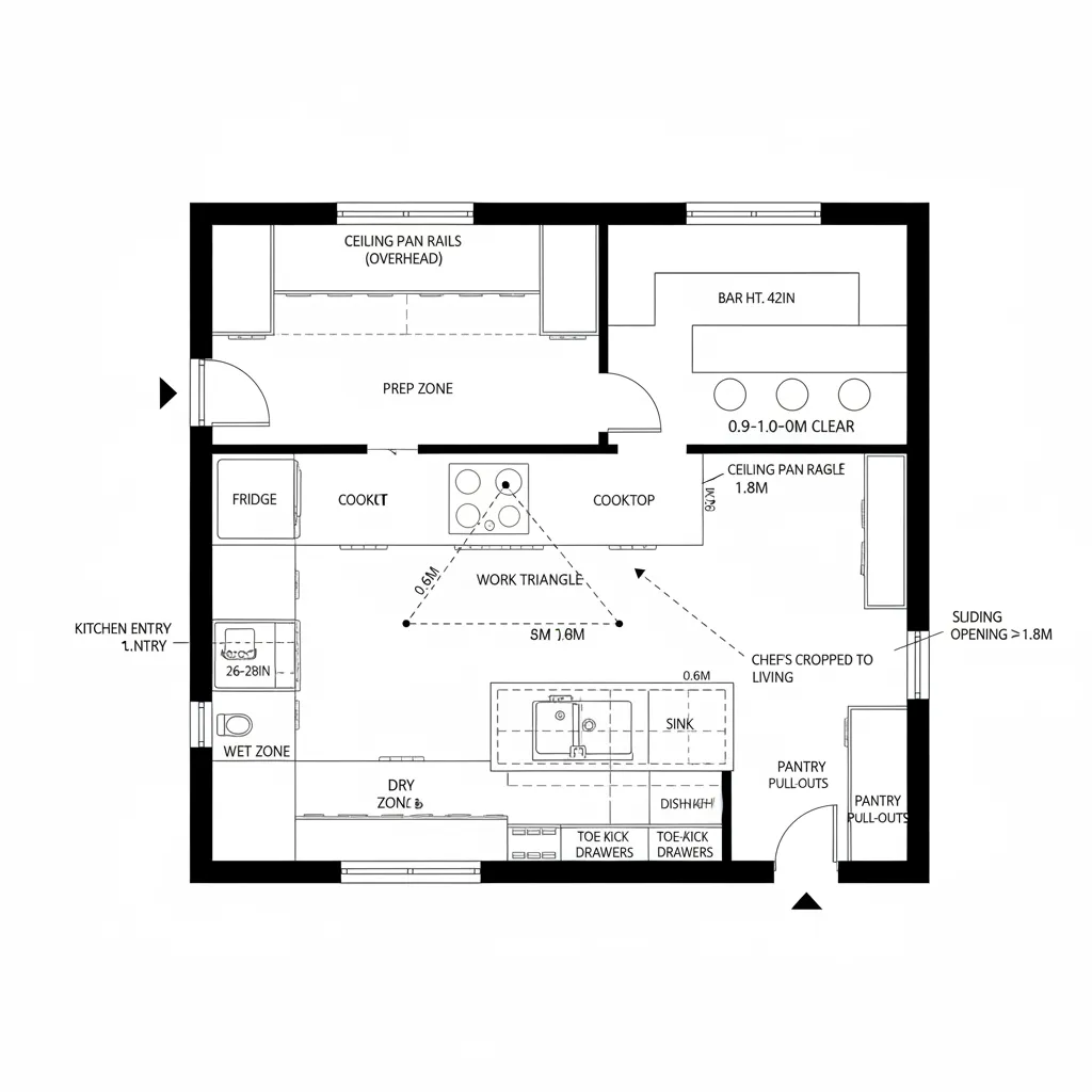 Kitchen floor plan layout showing prep zone wet zone dry zone work triangle and pantry area