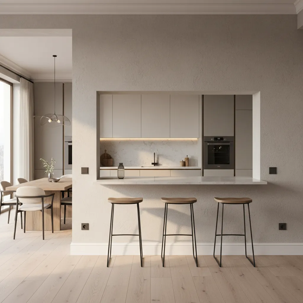 Neutral kitchen with breakfast bar opening, three black stools, dining table, and light wood flooring
