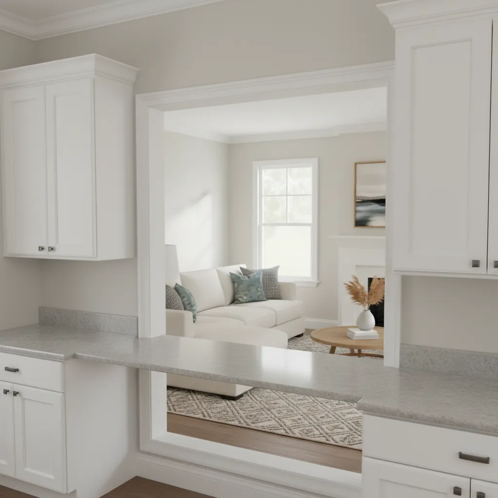 Kitchen pass-through opening with countertop connecting to living room