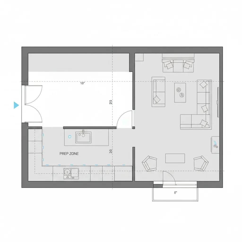 Kitchen floor plan showing optimal placement of a wall opening between kitchen and living room