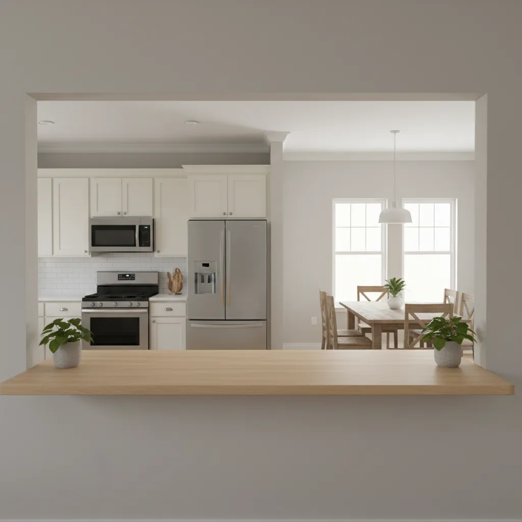Kitchen opening with wood counter looking into a room with dining table and silver fridge