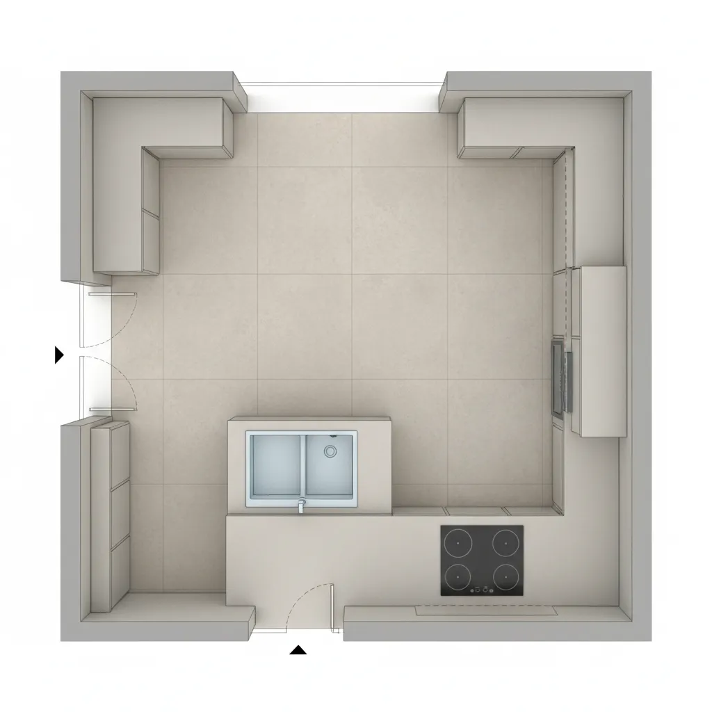 Top-down interior design drawing of a kitchen layout showing stove, sink, cabinets, and floor tiles