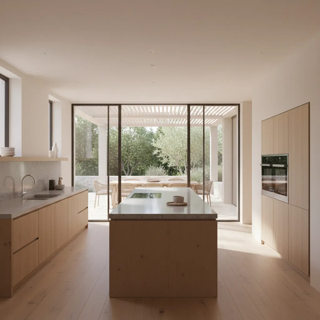 Modern kitchen with large glass patio doors creating indoor outdoor flow