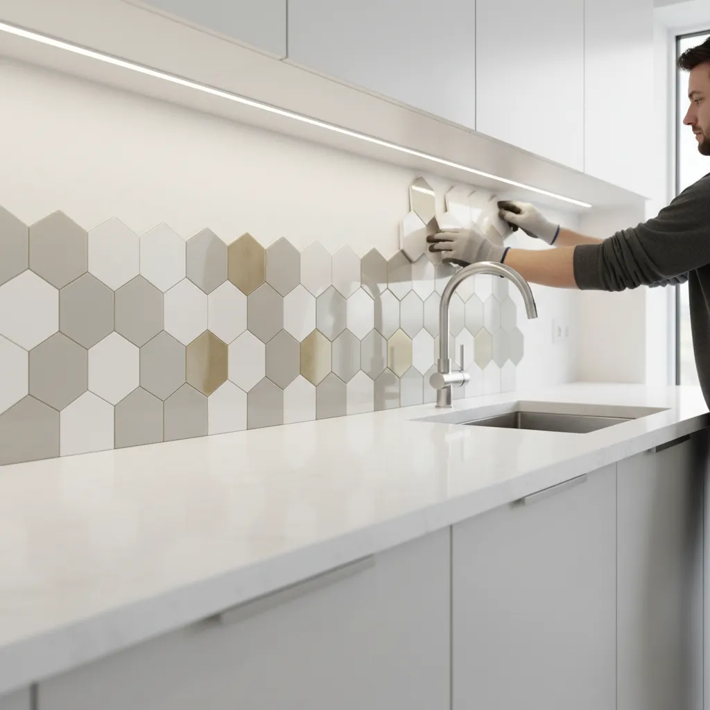 homeowner installing peel and stick wall tiles on a kitchen backsplash