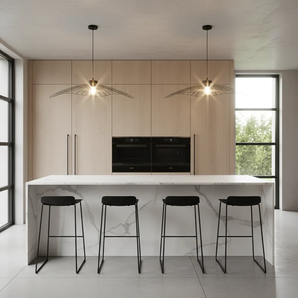 Black metal pendant light creating glare at seated eye level