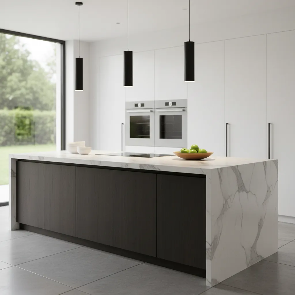 Kitchen pendant lights showing correct hanging height above island