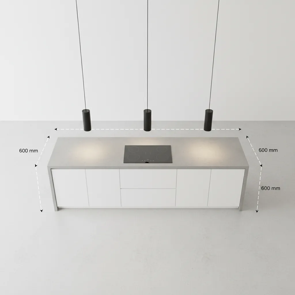 Diagram style visualization showing spacing between kitchen pendant lights over island