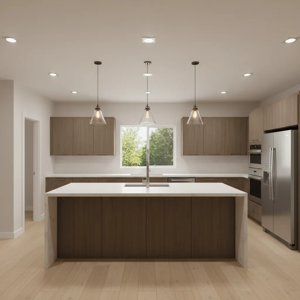 Kitchen island with pendant lighting in a modern manufactured home