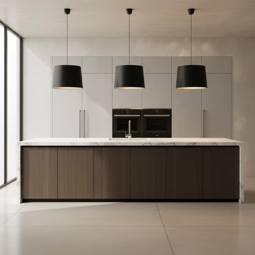 Kitchen island showing proportional pendant light size compared to island width