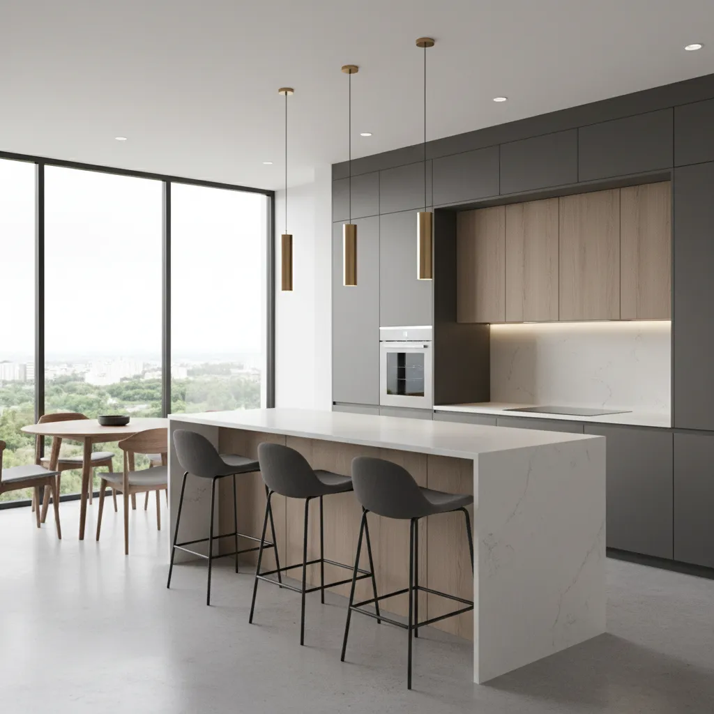 kitchen peninsula breakfast bar layout with stools facing dining room