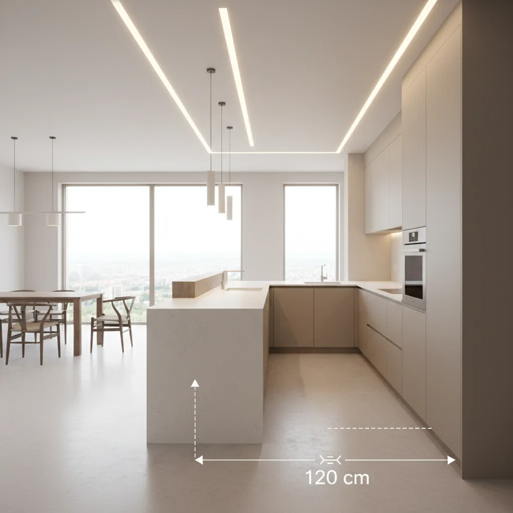 Kitchen peninsula clearance spacing visualization showing walking area