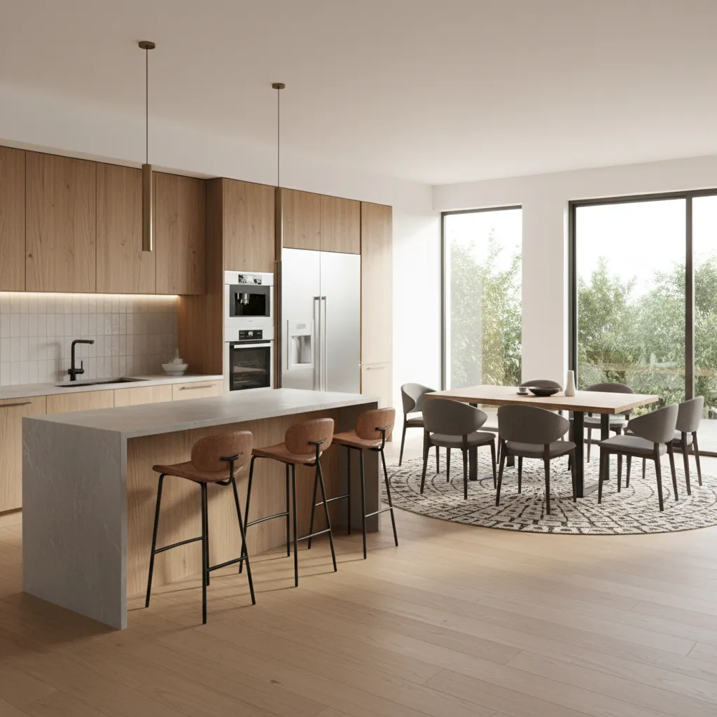 modern kitchen with peninsula layout and bar seating