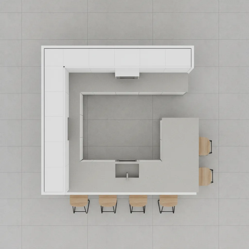 Top view layout of L shaped kitchen with breakfast bar peninsula