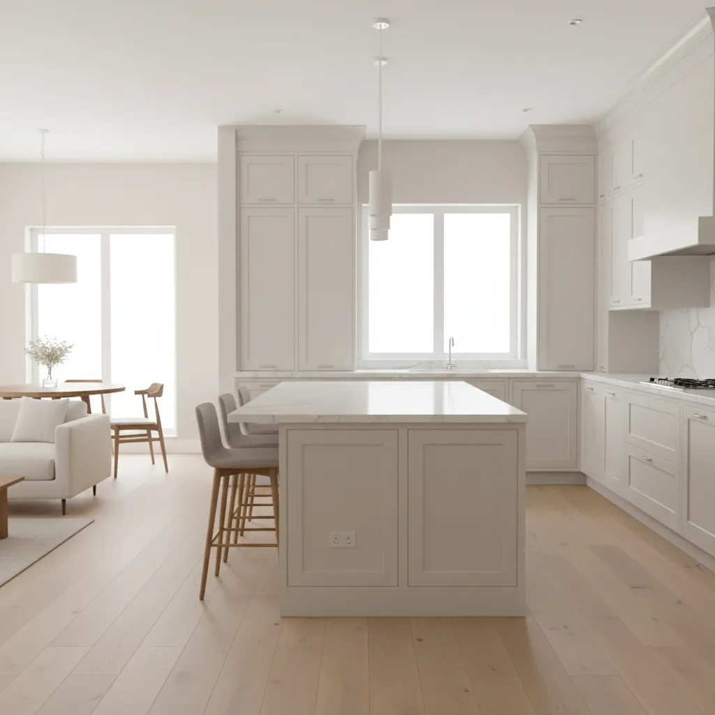 kitchen peninsula connected to cabinet run with outlet installed on end panel