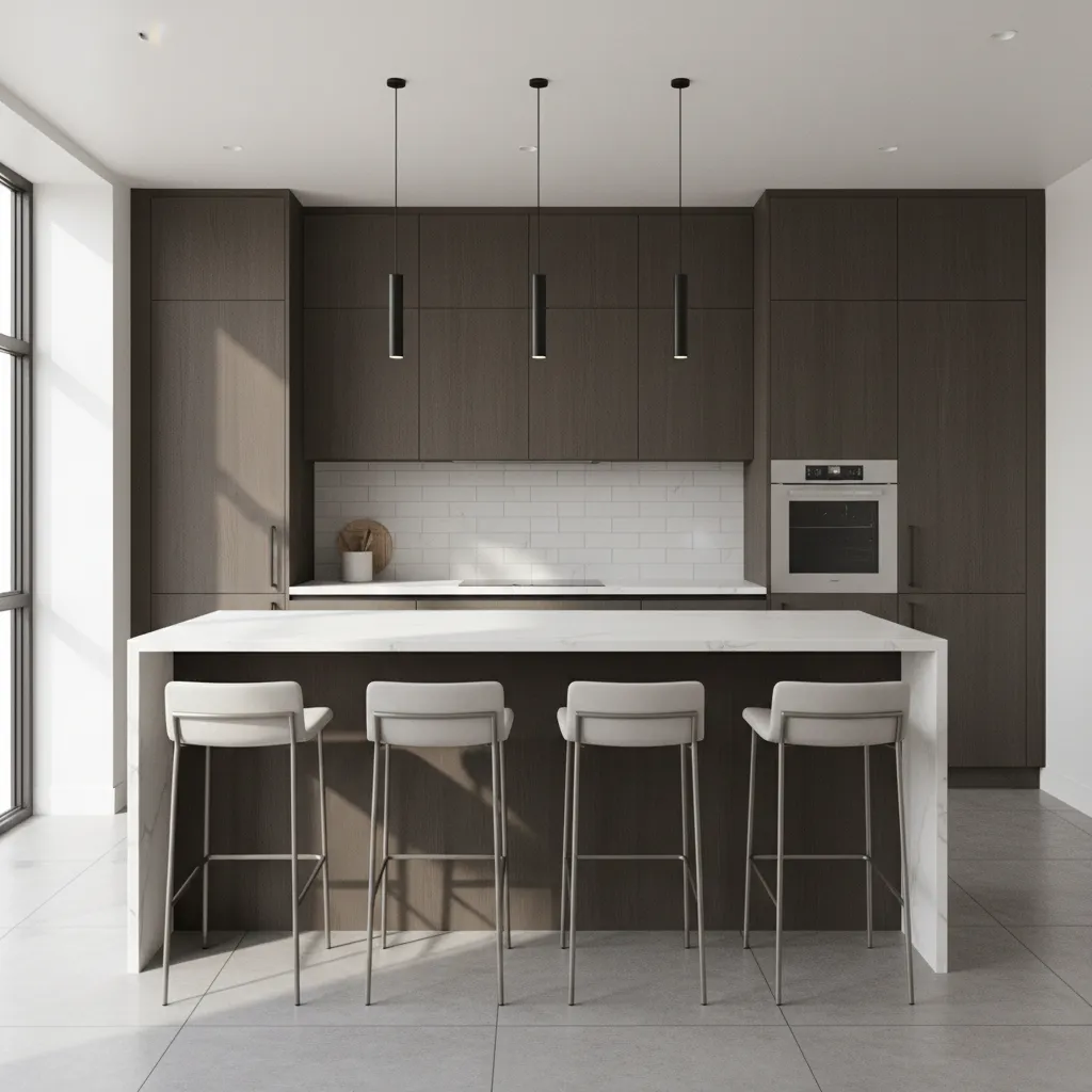 kitchen peninsula with four seats attached to cabinetry