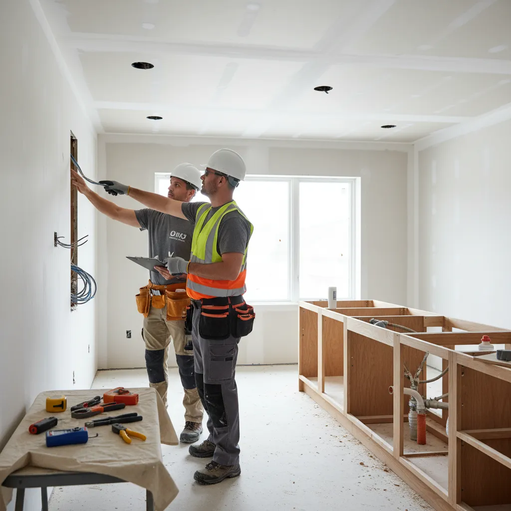 Two construction workers in safety gear inspecting electrical wiring and wooden kitchen cabinets during house renovation