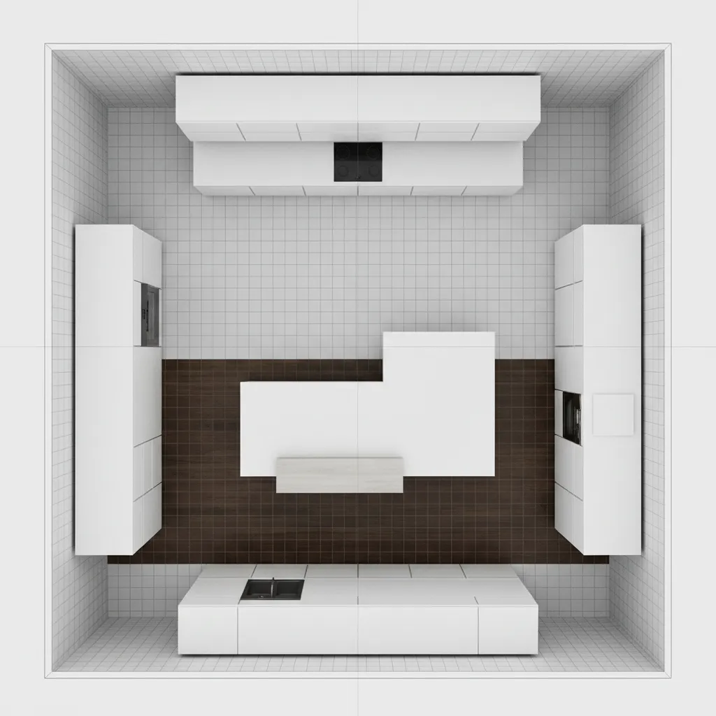 Kitchen planner interface showing cabinet layout grid and island spacing