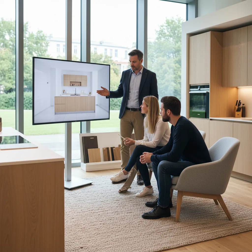 Diseñador mostrando diseño de cocina en pantalla 3D a un cliente