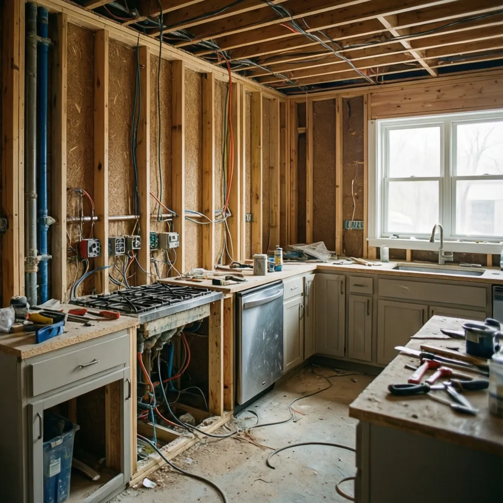 kitchen renovation construction showing plumbing and wall framing behind cabinets