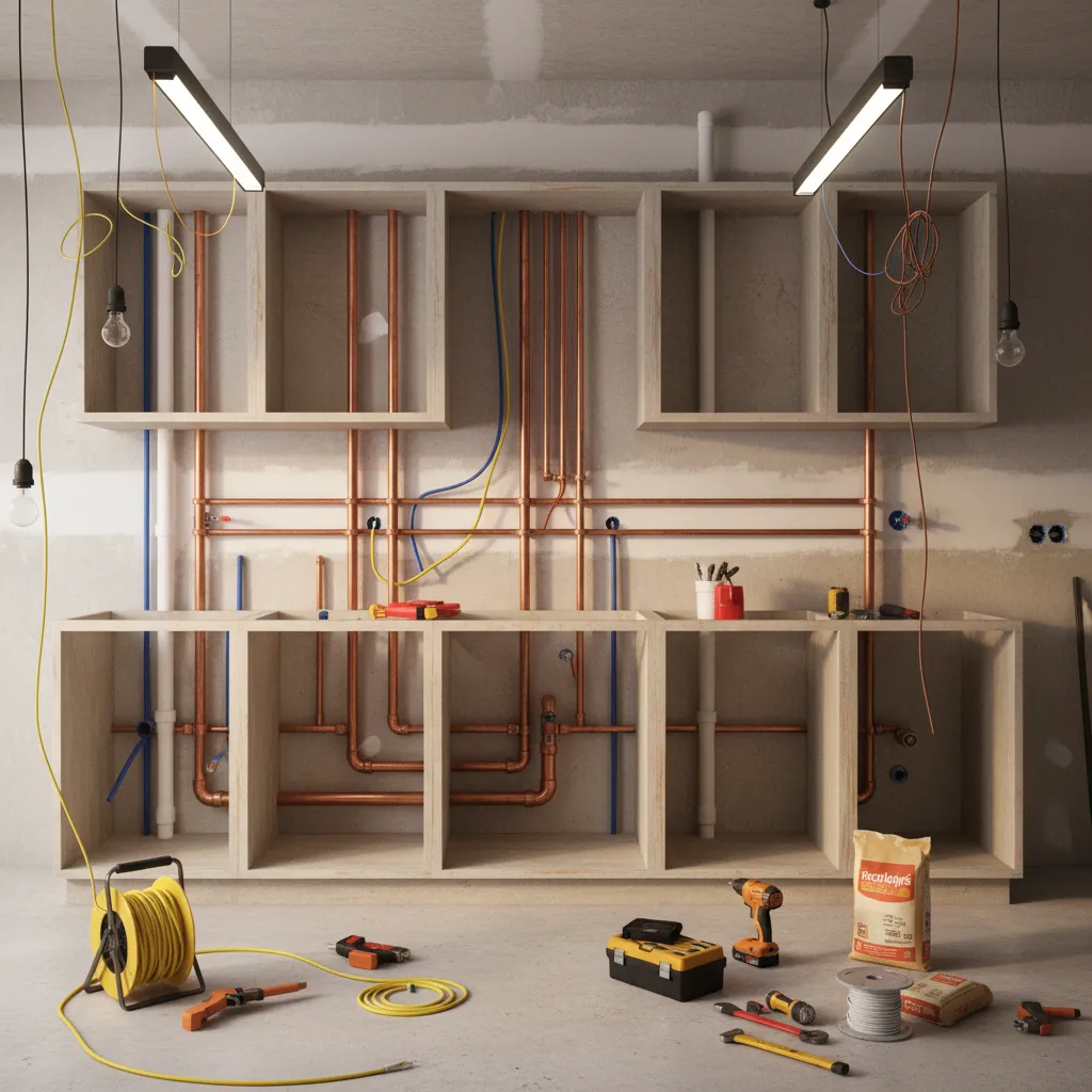 kitchen wall with exposed plumbing and electrical lines during renovation