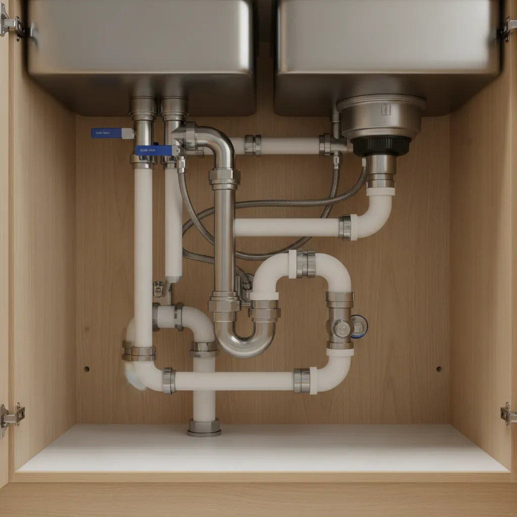 Plumbing connections under a kitchen sink during installation