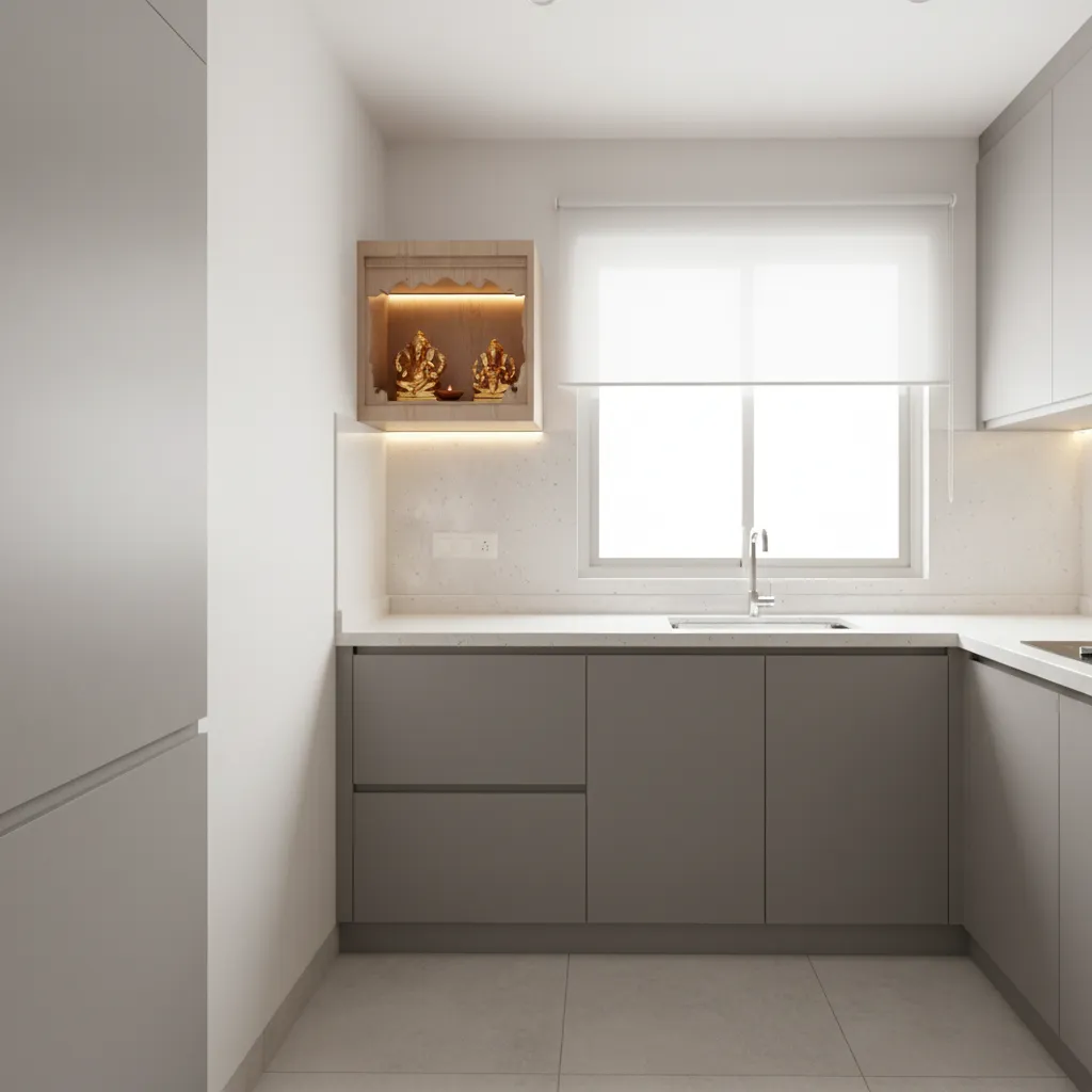Small kitchen with wall mounted pooja shelf in the northeast corner