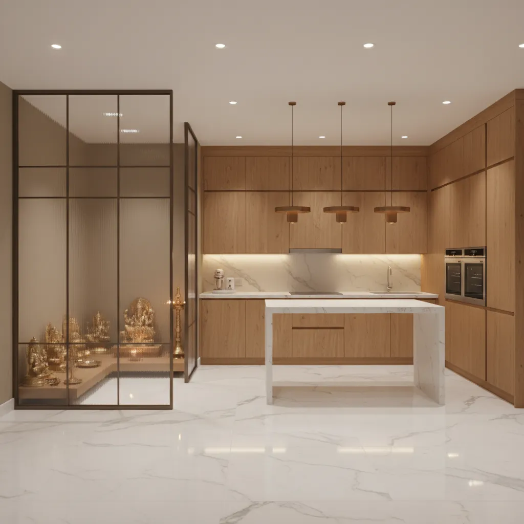 Kitchen corner pooja area with frosted glass divider