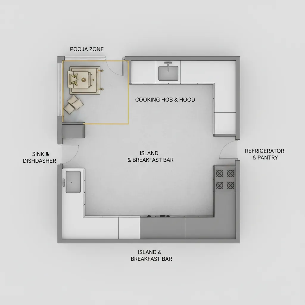 kitchen layout highlighting northeast corner for pooja placement