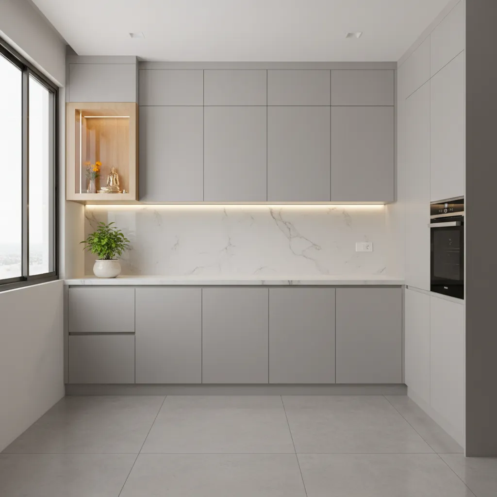 small wall mounted mandir inside modern kitchen corner