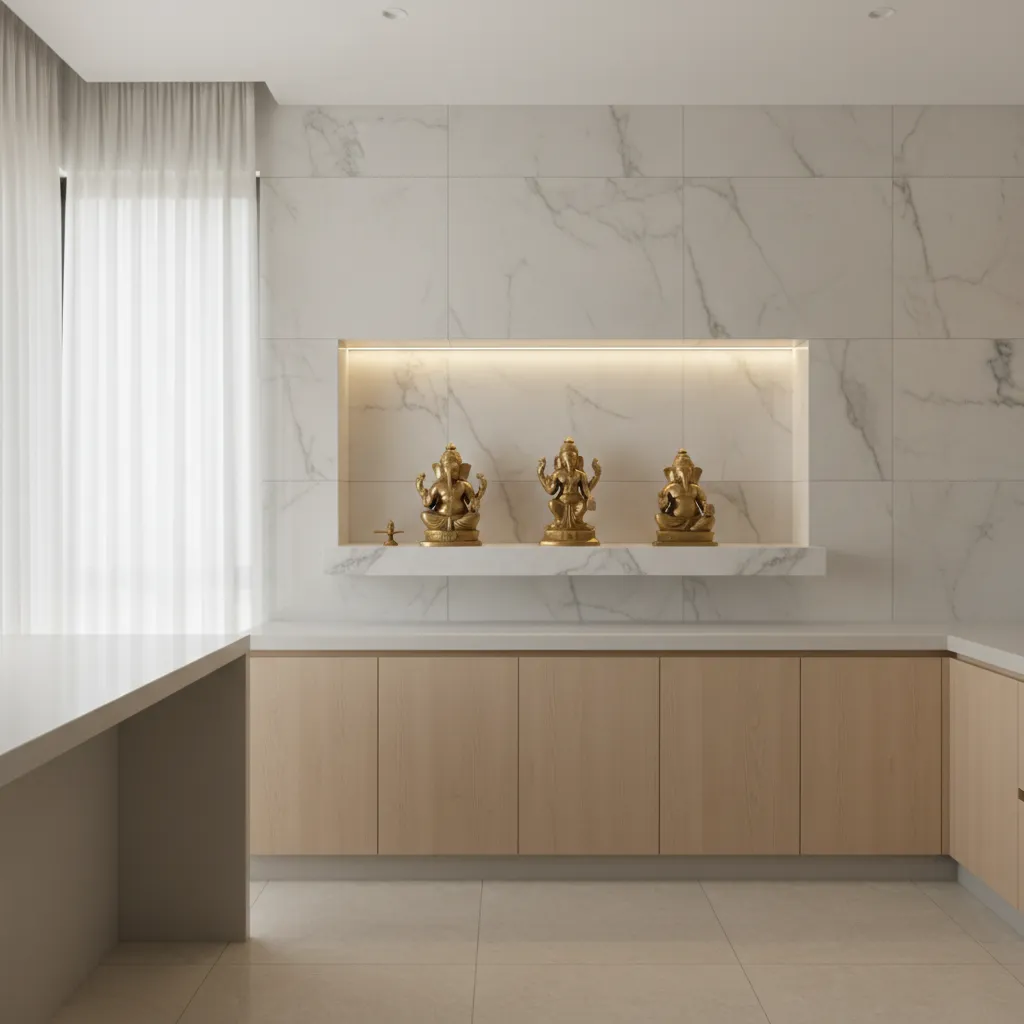 Kitchen wall niche mandir with backlighting and marble shelf