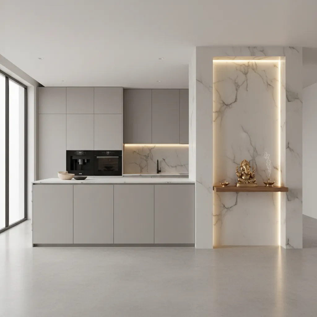 built in pooja wall niche with marble background and lighting in modern kitchen