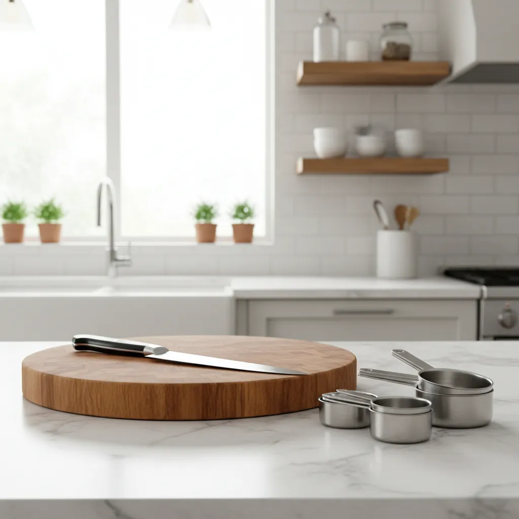 Wooden round cutting board with chef knife and metal measuring cups on white marble countertop