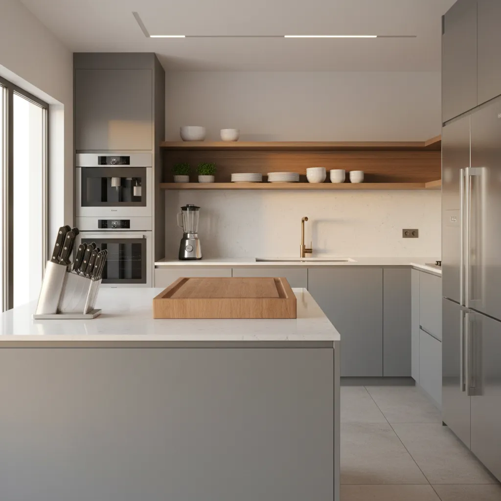 Modern grey kitchen island with wooden cutting board knife block oven and open wood shelving